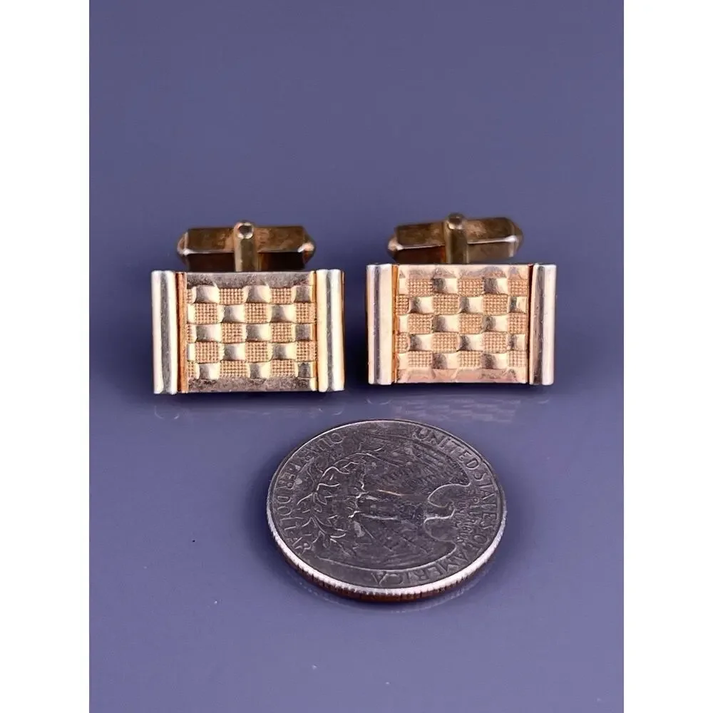 Checker Board Squares Cufflinks Gold Tone Rectangle Swank Vintage
